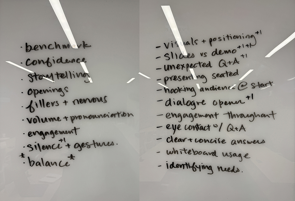 Whiteboard notes from a presentation skills training session covering confidence, storytelling, audience engagement, and Q&A