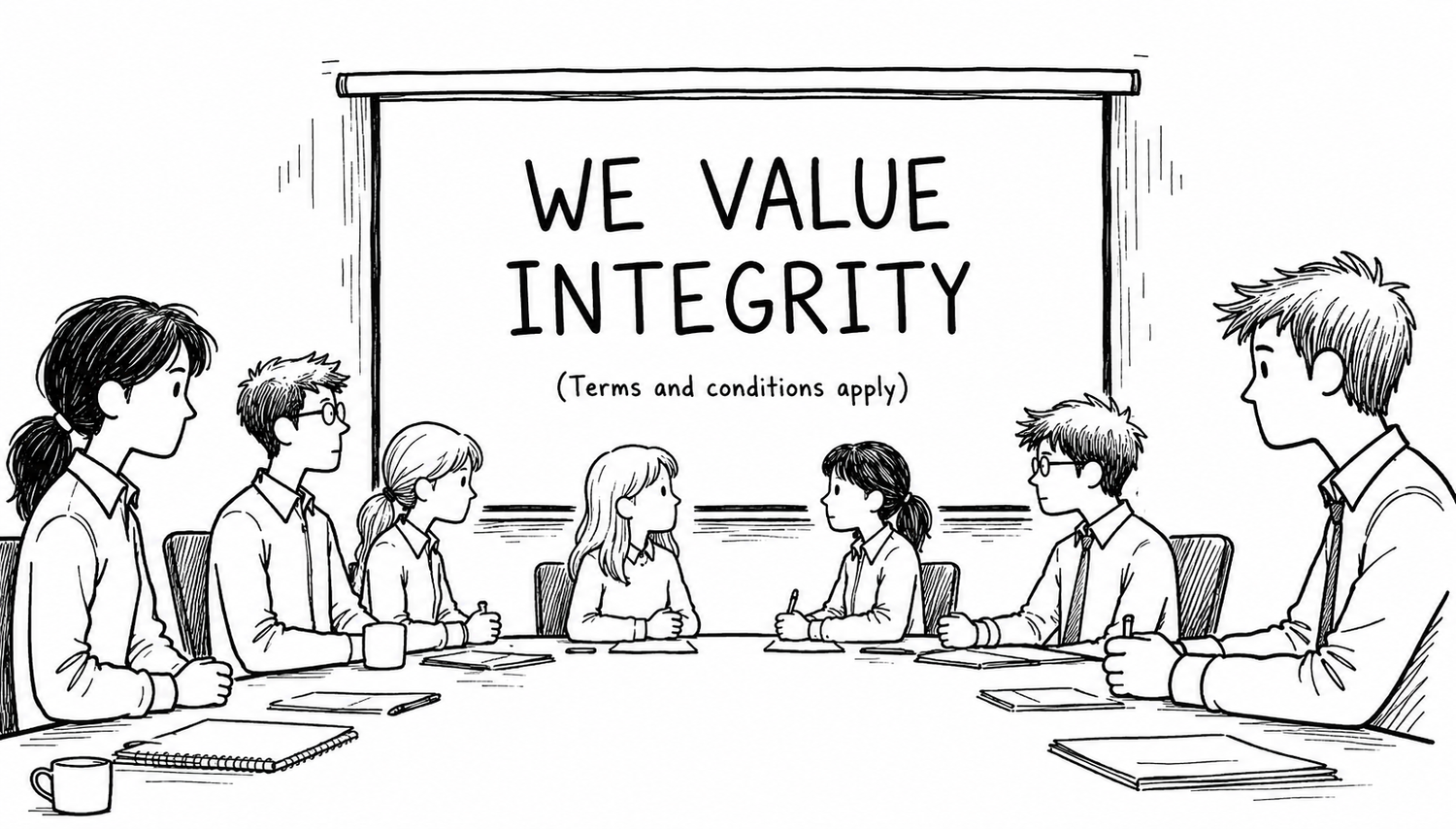 A comic cartoon illustrating a team rallying around a set of shared core values