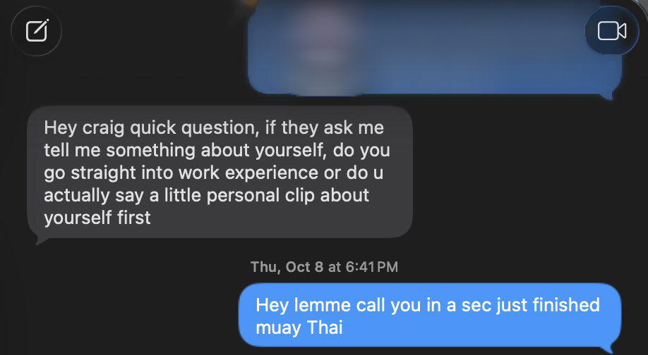 A text conversation about how to answer the interview question tell me about yourself