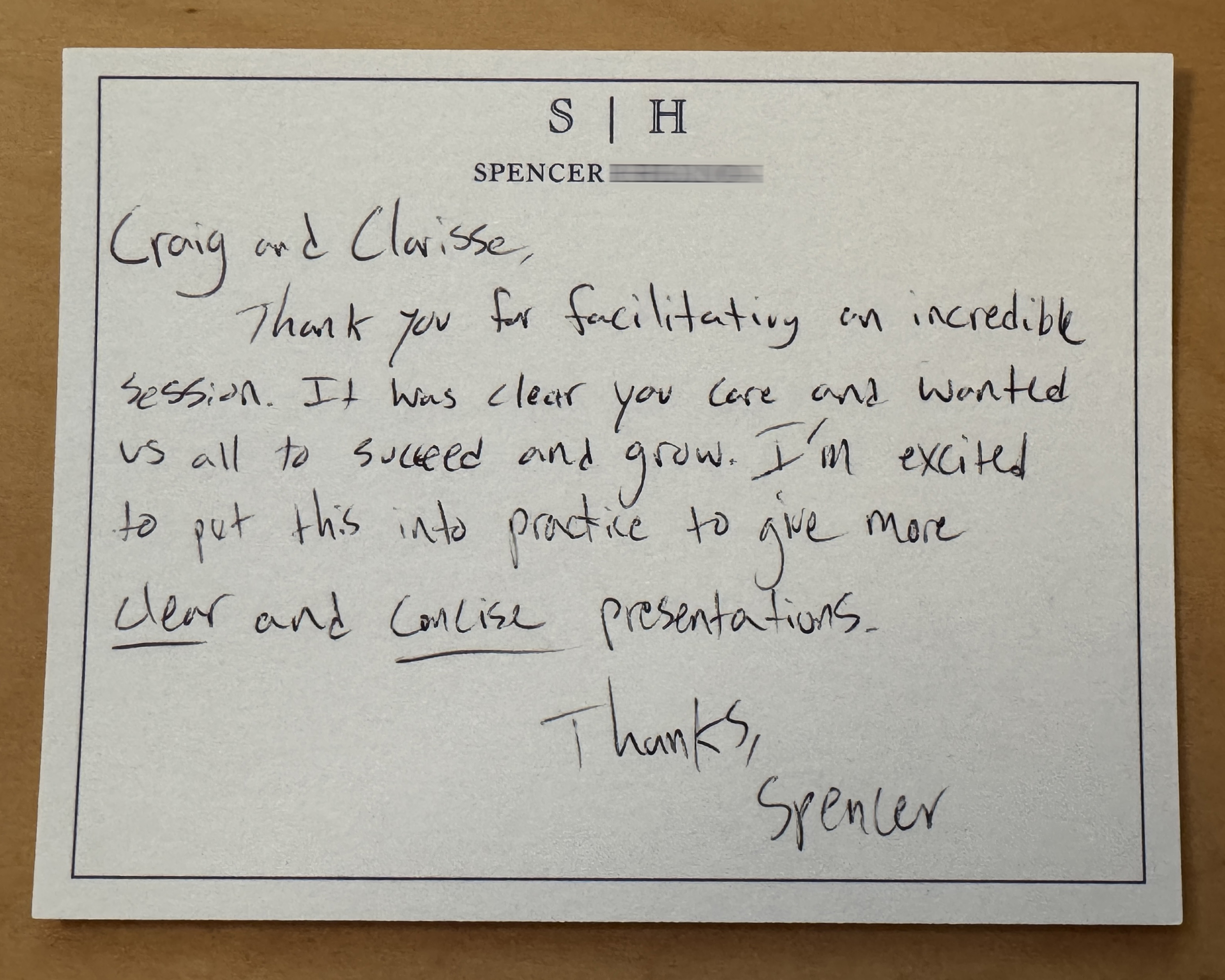 A handwritten thank you note from a Workday training participant